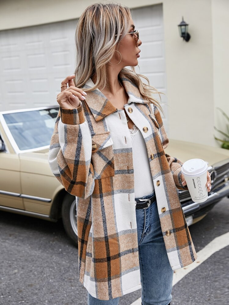 Button Through Flap Pocket Plaid Overshirt | SHEIN