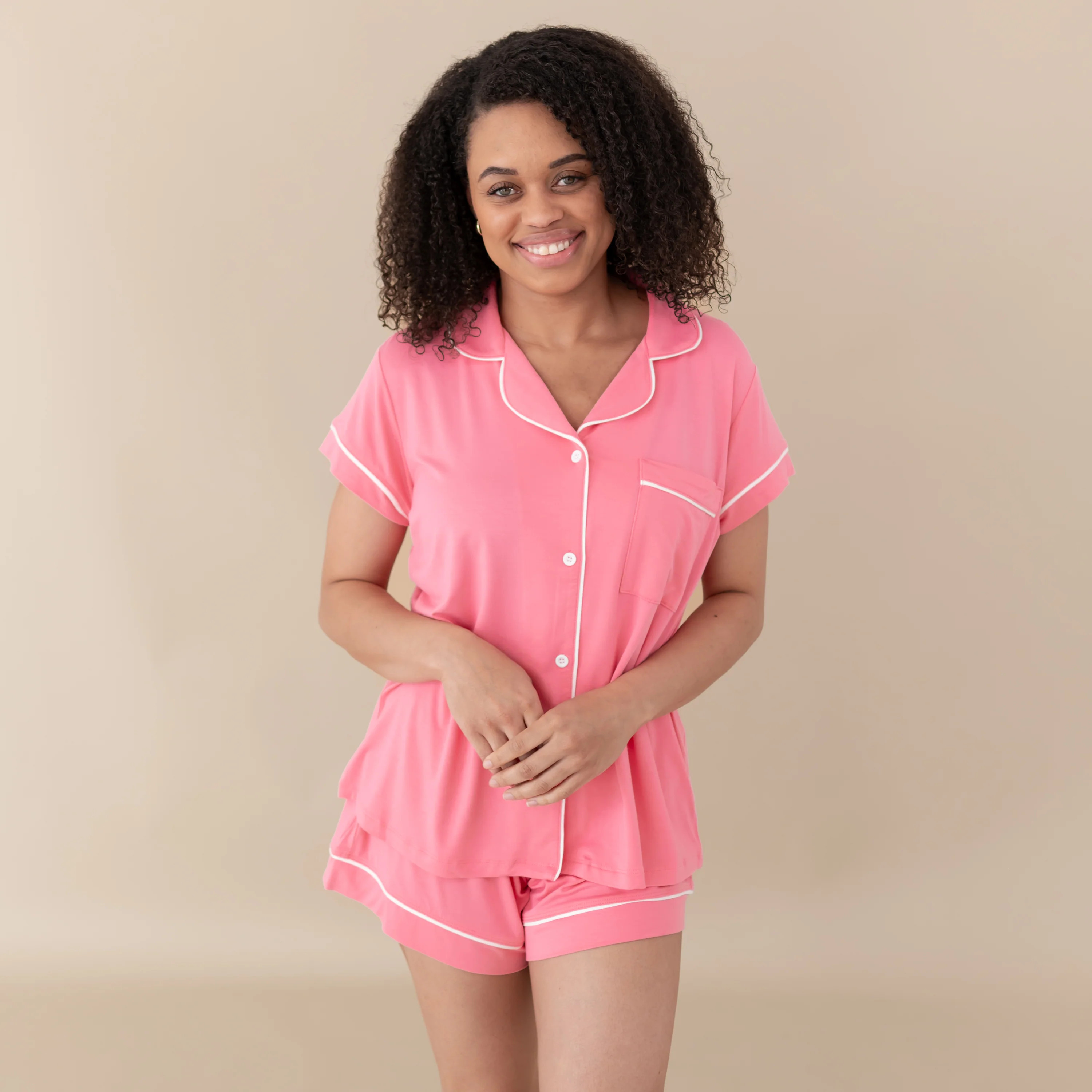 Women's Short Sleeve Pajama Set in Guava with Cloud Trim | Kyte Living