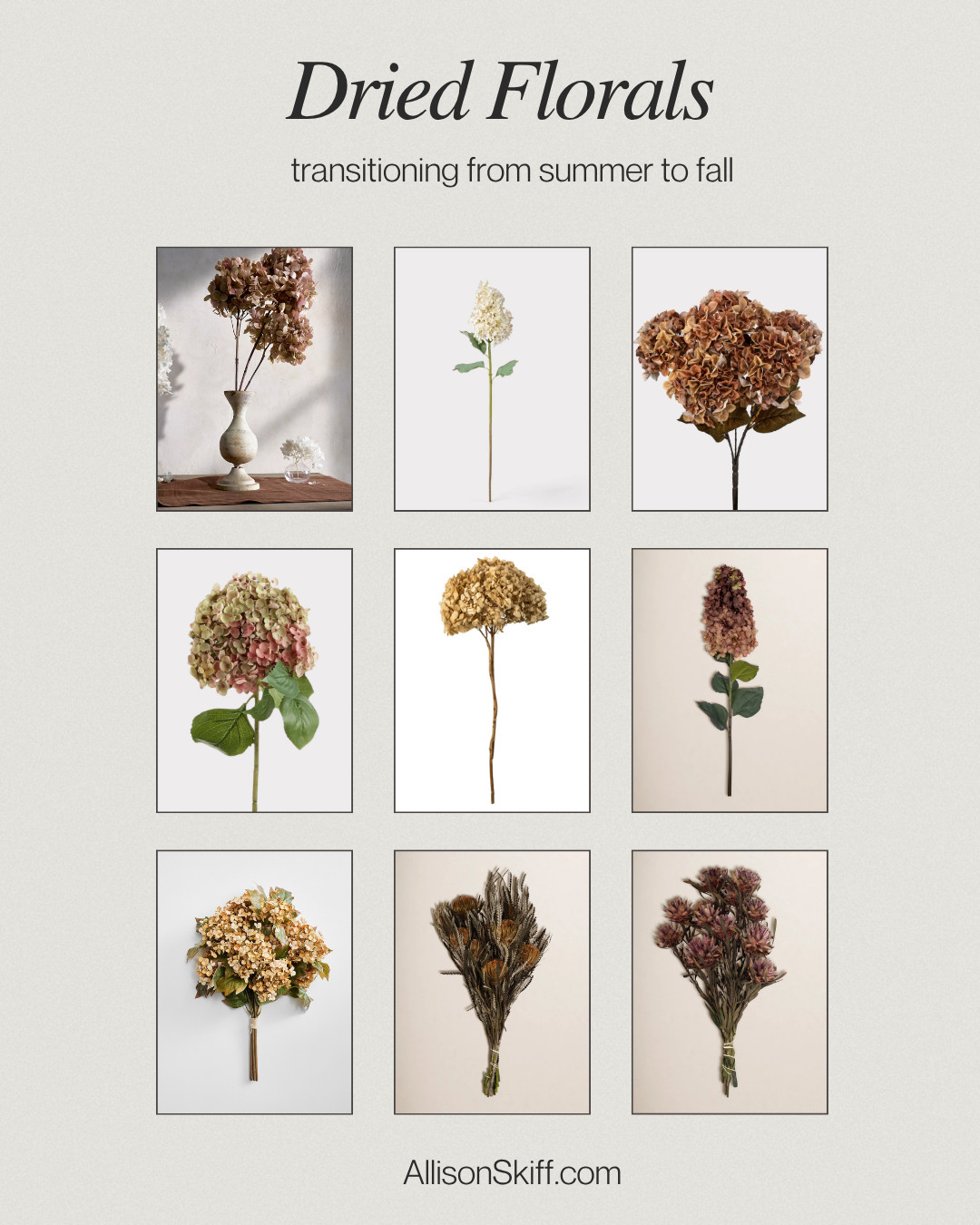 An easy way to transition from summer to fall home decor is bringing out some dried stems. You can dry your own hydrangeas, but if you don't have any, these are some beautiful options with autumn colors to set the mood for fall! 

#falldecor #fallhomedecor #autumn #styletips  

 #LTKSeasonal #LTKHome