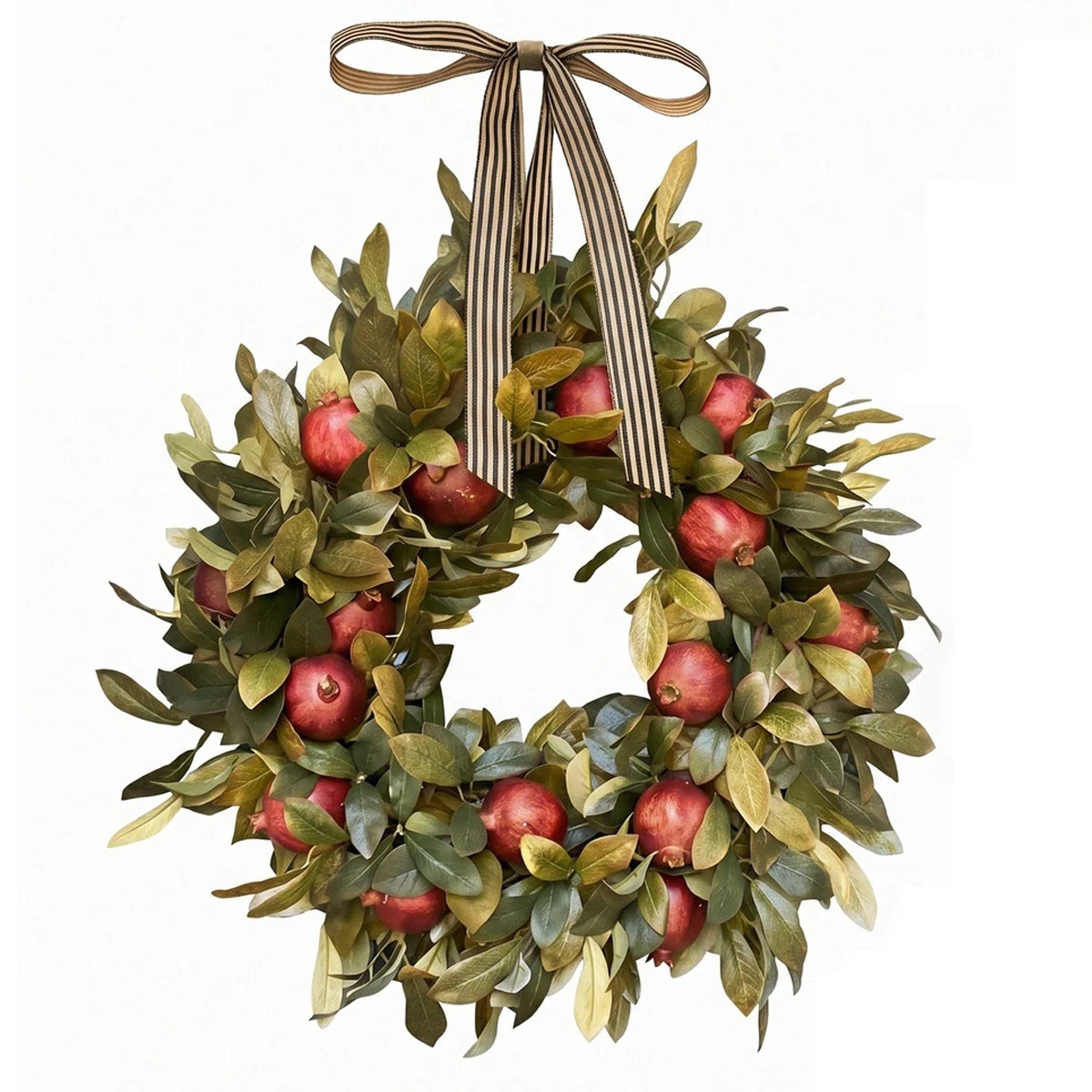 17.7" Artificial Pomegranate Wreath With Striped Bow For Fall Front Door Decor | Wayfair | Wayfair North America