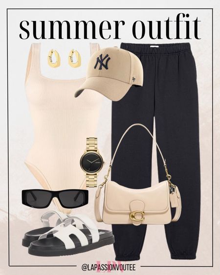 Sporty chic vibes: Rock black joggers with a sleek tank bodysuit, accessorized with statement hoop earrings and trendy sunglasses. Top it off with a laid-back baseball cap and a stylish leather shoulder bag. Complete the look with comfy slide sandals for an effortlessly cool summer ensemble.

#LTKfindsunder100 #LTKstyletip #LTKSeasonal
