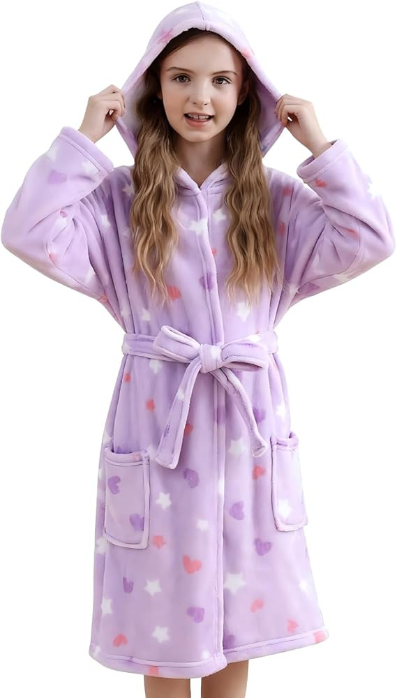 V.&GRIN Girls Fleece Hooded Robe, Kids Soft Plush Warm Printed Bathrobe Sleepwear Gifts for 5-14 ... | Amazon (US)