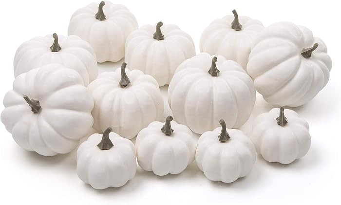 Ogrmar 12 Pack Artificial Assorted Pumpkins, Mini Fake Pumpkins Artificial Vegetables for Halloween,Harvest Thanksgiving Party Decor (White) | Amazon (US)