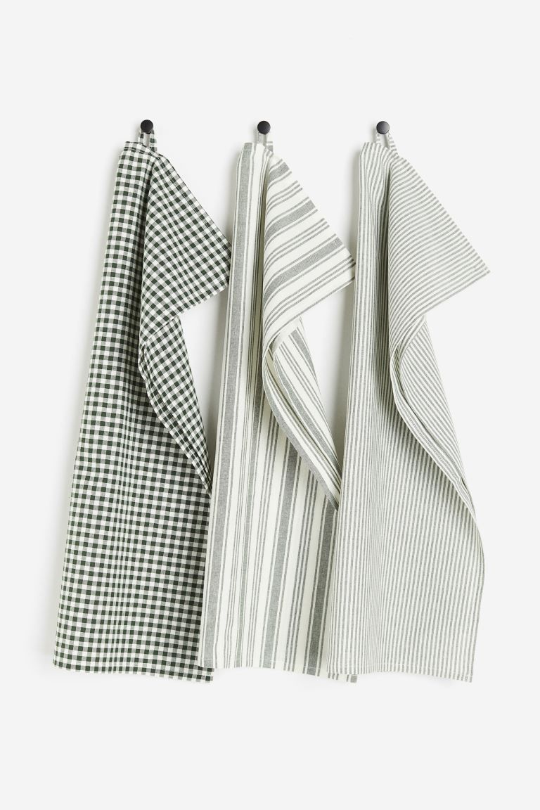3-pack Cotton Tea Towels - Green/checked - Home All | H&M US | H&M (US + CA)