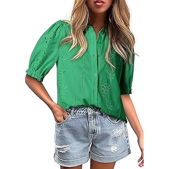 Dokotoo Women's Summer Tops Dressy Casual V Neck Short Sleeve Button Up Hollow Out Eyelet Lace Em... | Amazon (US)