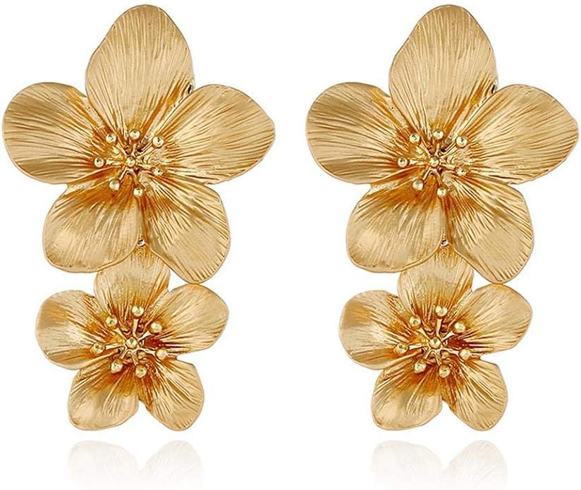 Large Double Flower Earrings Candy Color Metal Flower Dangle Earrings Romantic Boho Sweet Gold Ch... | Amazon (US)