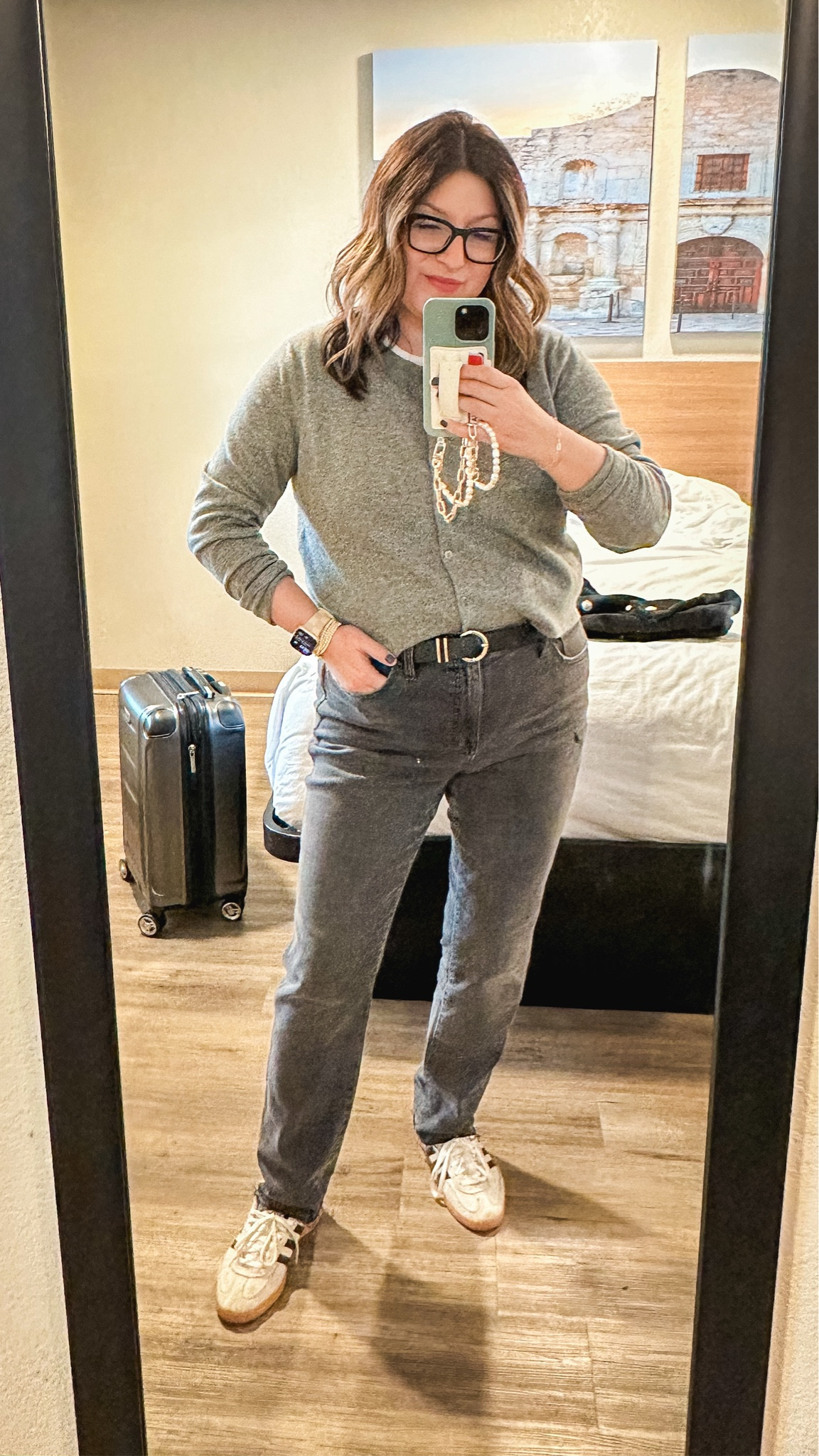 Today’s travel ‘fit:
Abercrombie tee (L)
Target Cardi (XL)- sold out I think, but linked similar
Amazon belt (L)
Madewell jeans (31)
Adidas Spezials 

#LTKOver40 #LTKMidsize #LTKStyleTip
