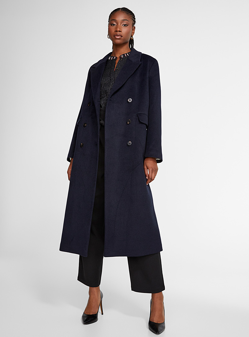 Long navy blue double-breasted overcoat | Simons