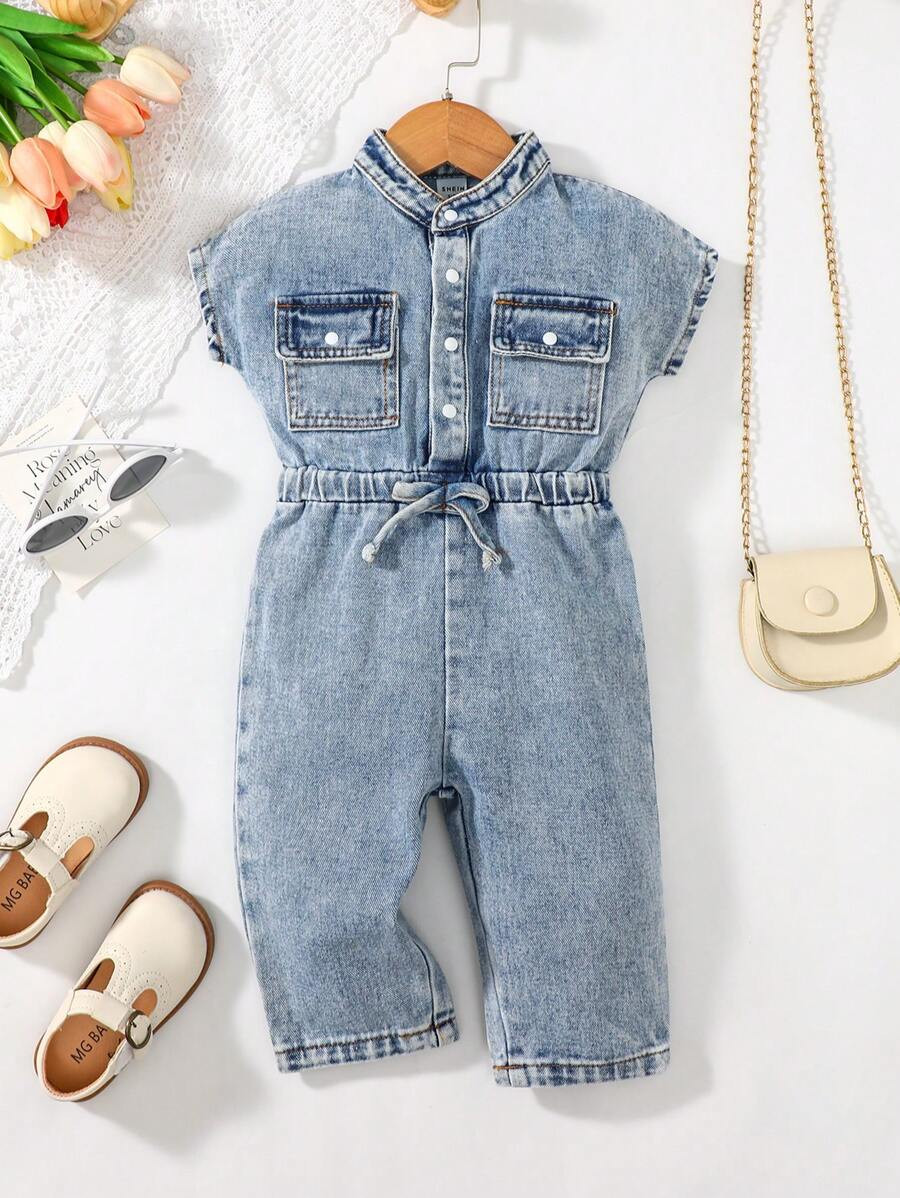 Baby Girl Flap Pocket Button Front Denim Jumpsuit | SHEIN
