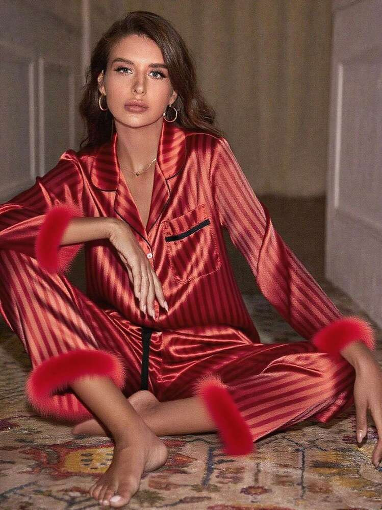 Women's Satin Striped Pajama Set With Feather Trim - Luxury Long Sleeve Top  Pants Loungewear | SHEIN