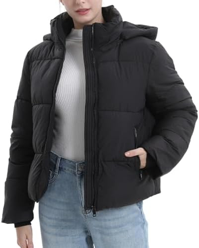 Women's Cropped Puffer Jackets,Warm Winter Jacket with Removable Hood,Zipped Pockets,Short Ladies... | Amazon (US)