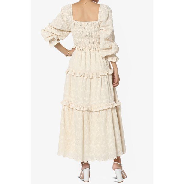 TheMogan Women's Floral Embroidered Shirred Long Sleeve Smocked Ruffle Tiered Midi Dress | Walmart (US)