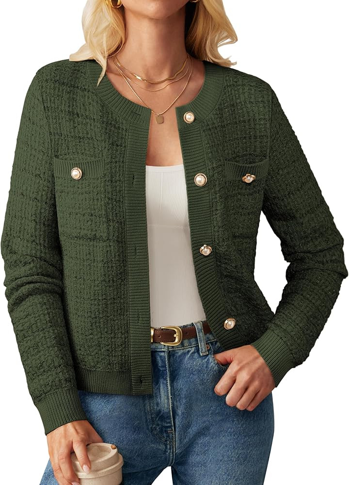 GRACE KARIN Womens Open Front Button Down Long Sleeve Texture Knit Cardigan Sweaters with Pockets | Amazon (US)