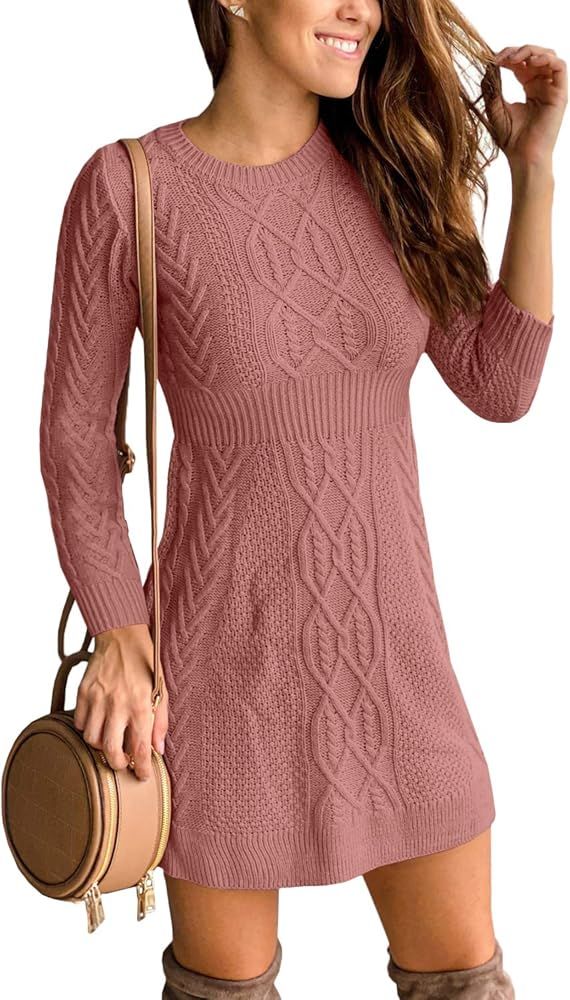 Maisolly Women's Knitted Crewneck Fit and Flare Sweater Dress | Amazon (US)