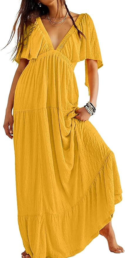 Summer Dresses for Women 2024 Sexy V-Neck Maxi Dress Tiered Silhouette with Flutter Sleeves Backl... | Amazon (US)