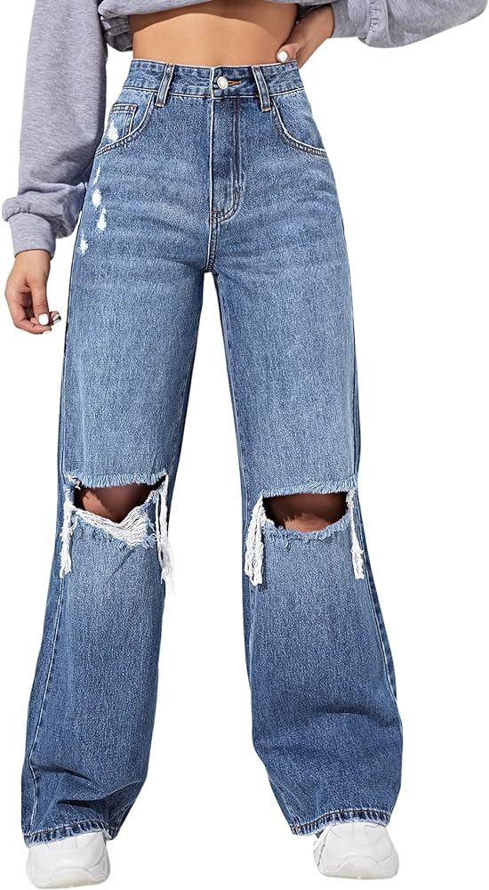 SweatyRocks Women's High Waisted Wide Leg Jeans Casual Loose Ripped Denim Pants | Amazon (US)