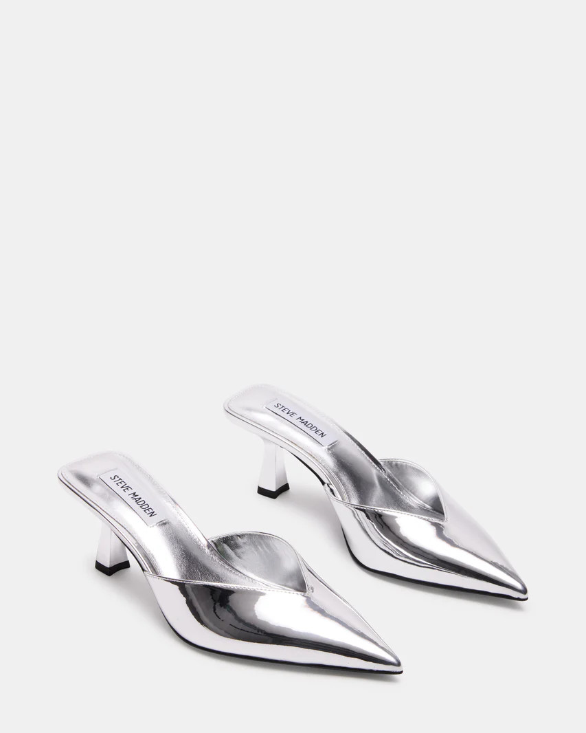 MOD Silver Foil Kitten Heel Pointed Toe Mule | Women's Heels | Steve Madden (US)