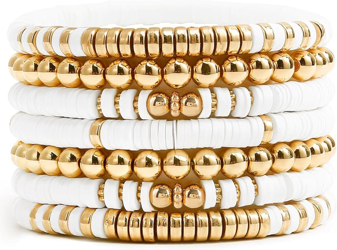 EMUFOOK Gold Beaded Bracelets for Women and Men Bohemian Friendship Bracelets Clay Bracelets Viny... | Amazon (US)