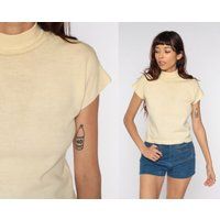 Cream Knit Blouse 70S Wool Top Mock Neck Shirt 1970S Vintage Short Sleeve Retro Plain Normcore Small | Etsy (US)