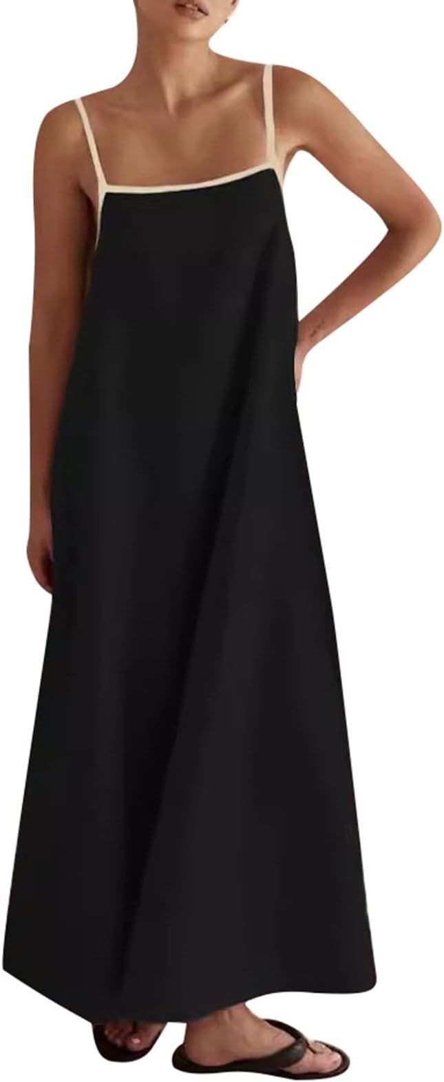 Muineobuka Women Casual Slip Dress Spaghetti Strap Square Neck Backless Loose Fit Long Dress Adju... | Amazon (US)