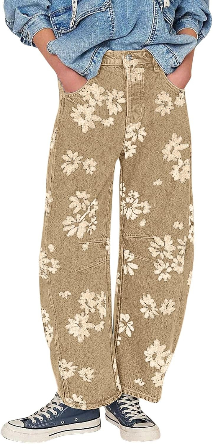 loveimgs Women Y2k Distressed Barrel Jeans Baggy Wide Leg Jeans Floral Printed Boyfriend Patchwork Denim Pants | Amazon (US)