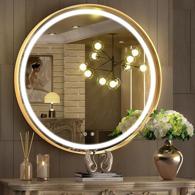 Hasipu 28 Inch Round LED Mirror for Bathroom with Lights, Gold Circle Vanity Mirror for Wall, Met... | Amazon (US)
