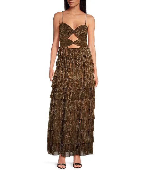 Grace Metallic Plisse Sweetheart Neck Cut-Out Tiered Dress | Dillard's