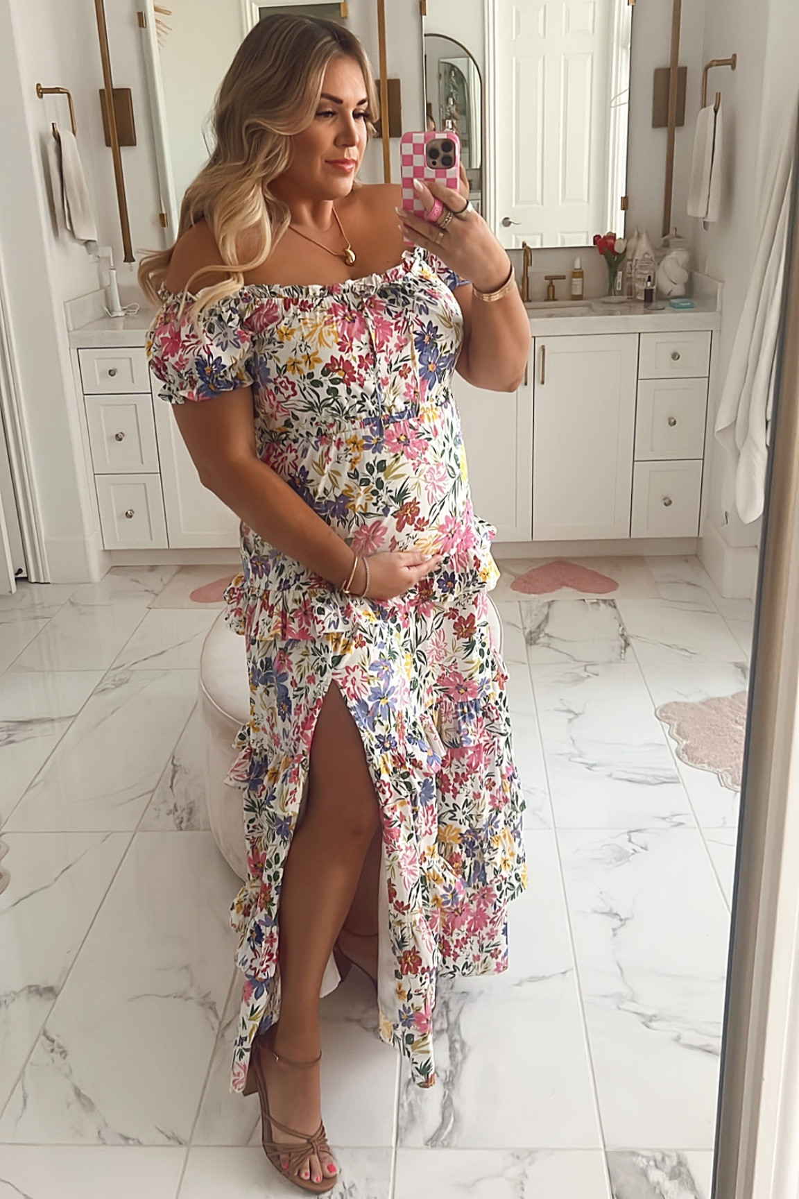 pregnancy announcement floral maxi dress! not maternity, wearing size xl! sandals are on sale! 

#LTKsalealert #LTKSeasonal #LTKcurves