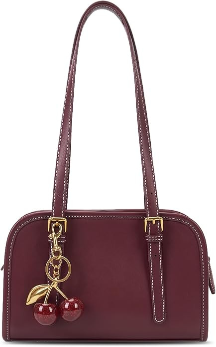 Shoulder Bag Red Purse for Women Leather Swing Bag Zip Handbag Burgundy Purse with Cherry Pendant | Amazon (US)