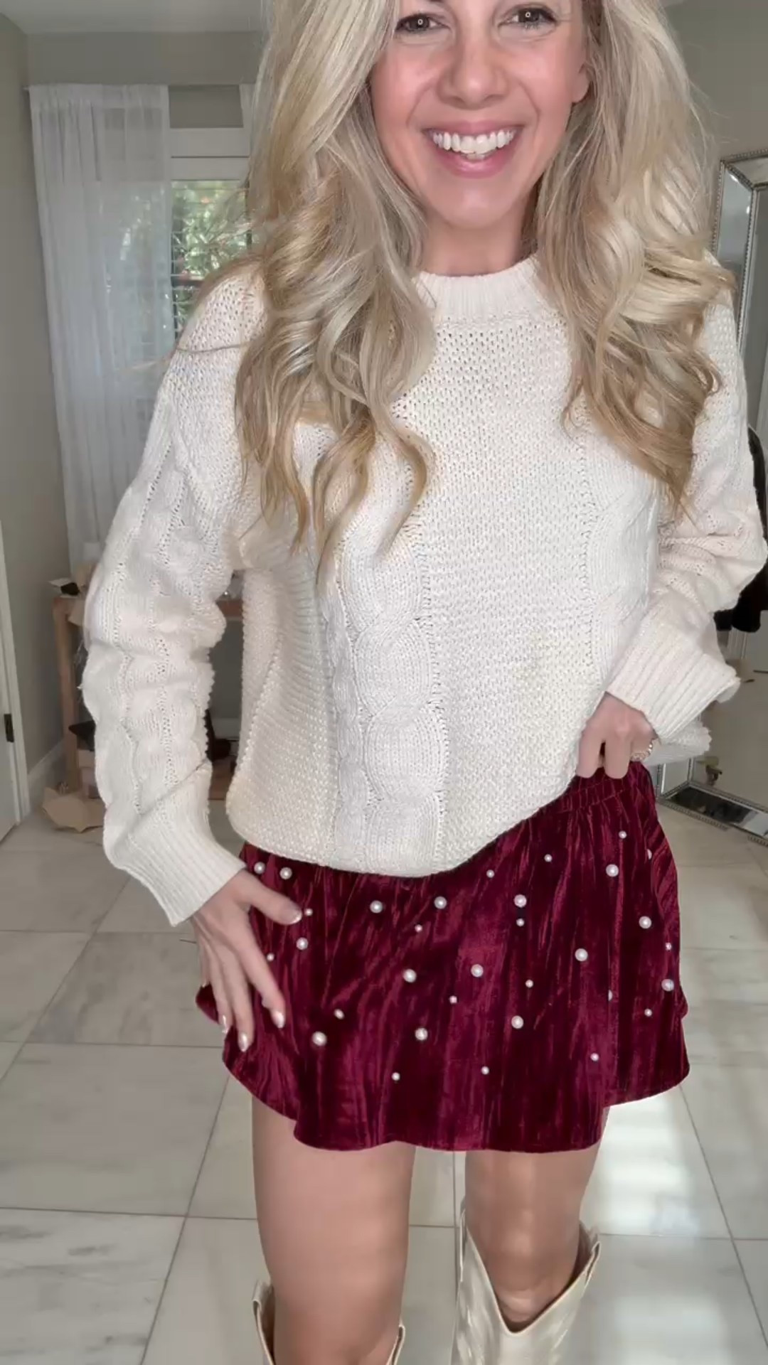 How adorable is this pearl beaded red mini skort for this holiday season !! Would even be so cute for NYE with a cute sparkly top ! I am in love with this ! Paired it with a sweater and some knee high boots - so easy to wear and throw an outfit together ❤️

#LTKU #LTKSeasonal #LTKHoliday