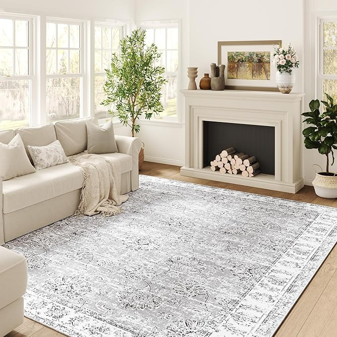 jinchan Washable Area Rug 6x9 Low Pile - Living Room Rug Grey Floral Print Stain Resistant Large ... | Amazon (US)