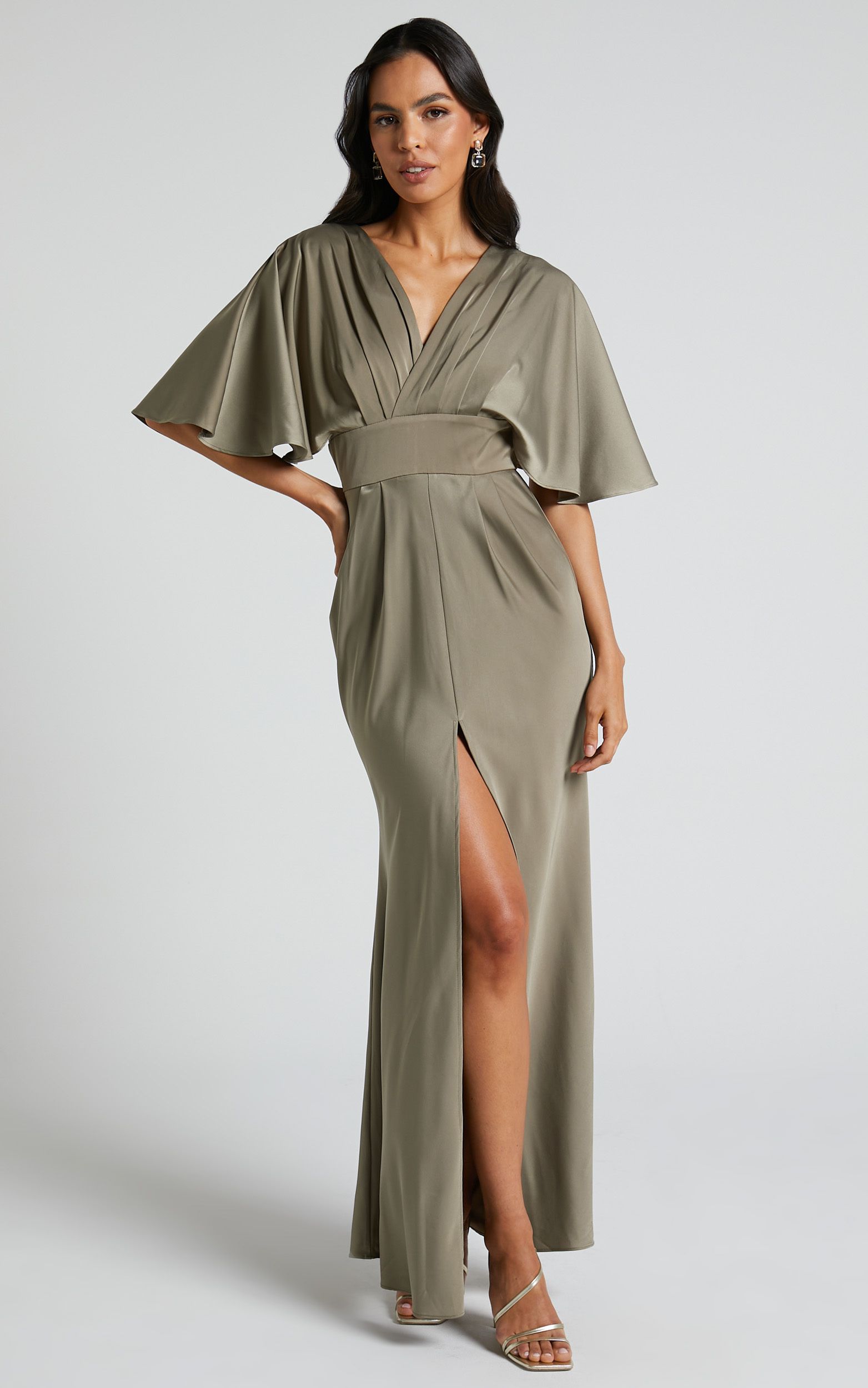 Gemalyn Maxi Dress - Angel Sleeve V Neck Split Dress in Olive | Showpo (US, UK & Europe)