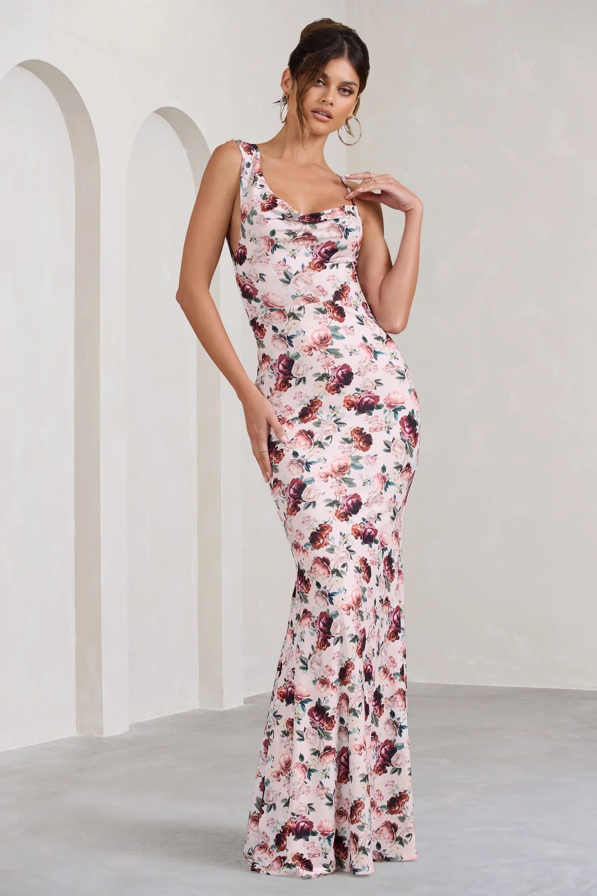Phantasy | White Floral Print Asymmetric Neckline Cowl Maxi Dress | Club L London