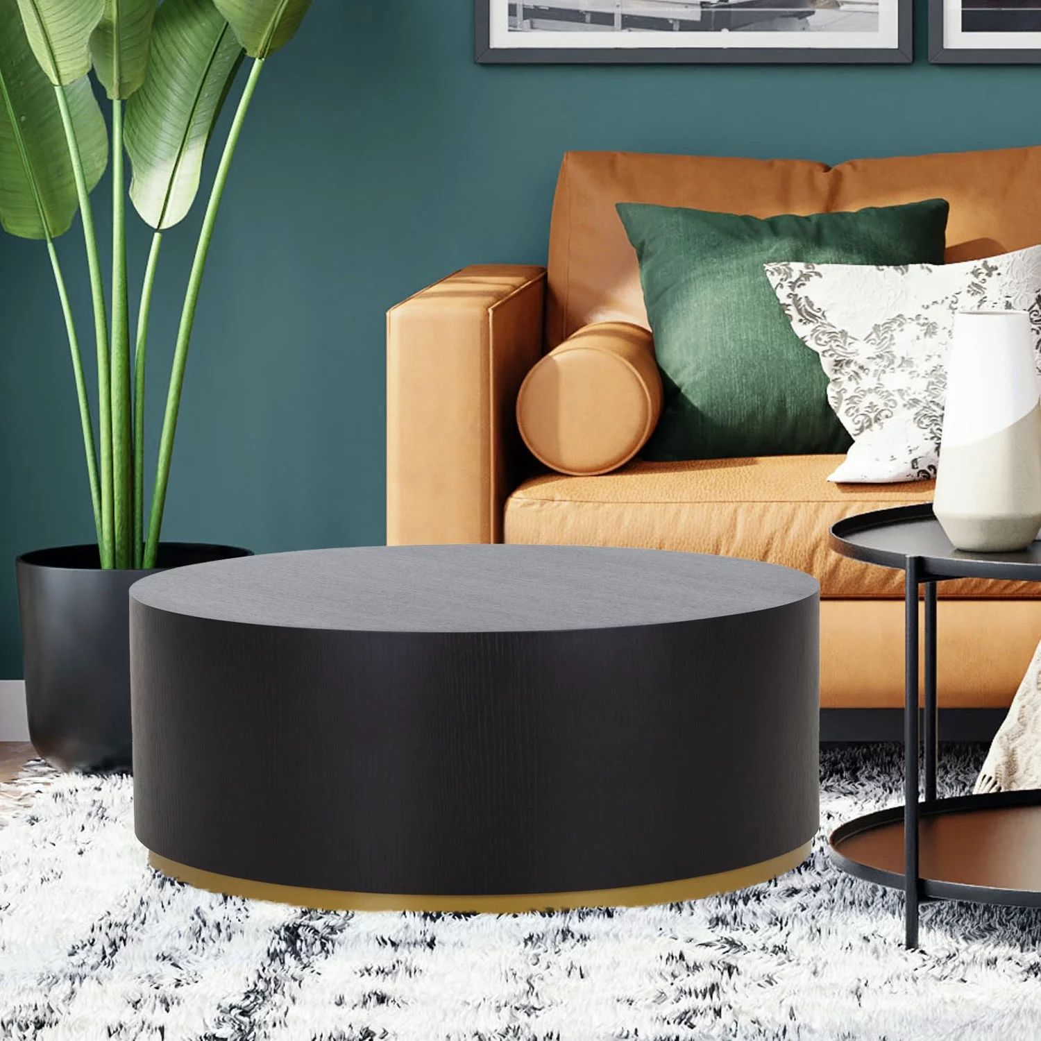 Kevinplus Black Coffee Table with Gold Rim Bottom End Table Round Wood Side Table for Living Room... | Walmart (US)