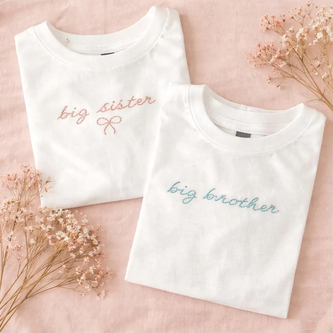 Hand embroidered big sister t shirt pregnancy announcement promoted to big sister family matching... | Etsy (US)