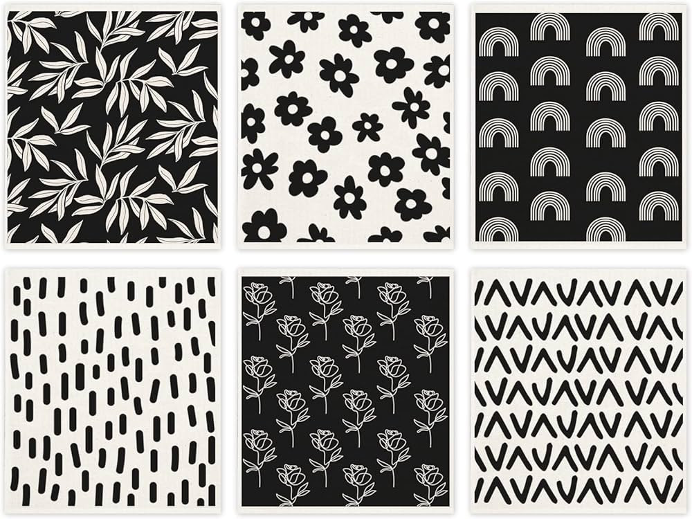 Whaline 6Pcs Minimalist Swedish Dishcloth White Black Flower Leaf Rainbow Geometric Reusable Kitc... | Amazon (US)