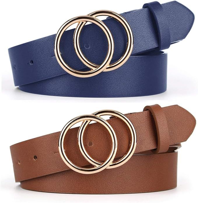 UnFader Pack 2 Women Belts for Jeans with Fashion Double O-Ring Buckle and Faux Leather | Amazon (US)