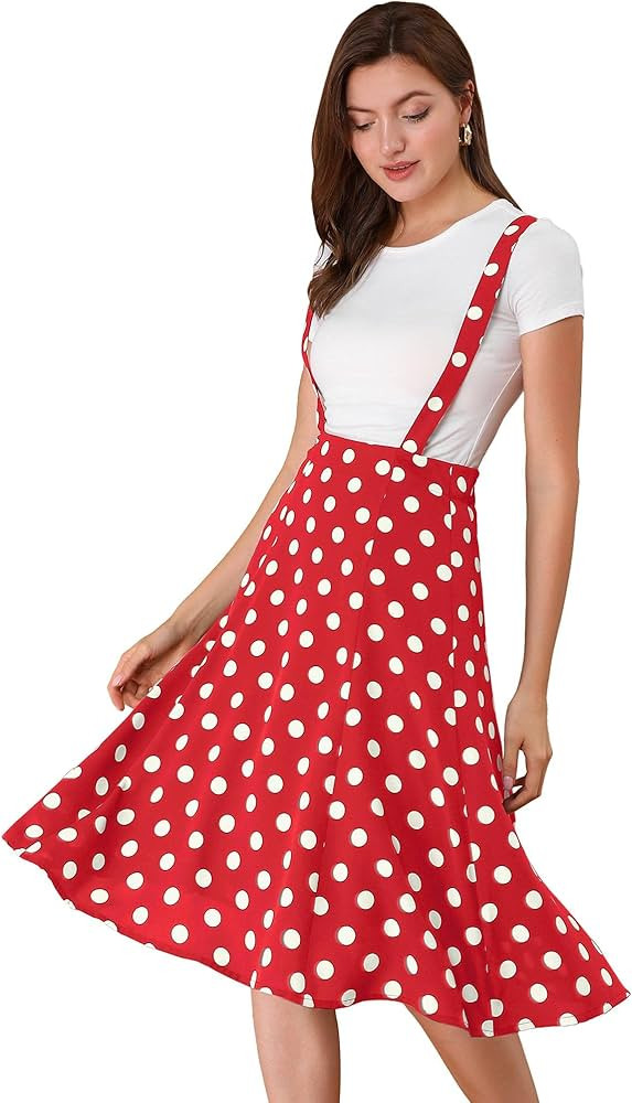 Allegra K Women's Vintage Suspender Skirt High Waist Polka Dots Flowy Overall Dress | Amazon (US)