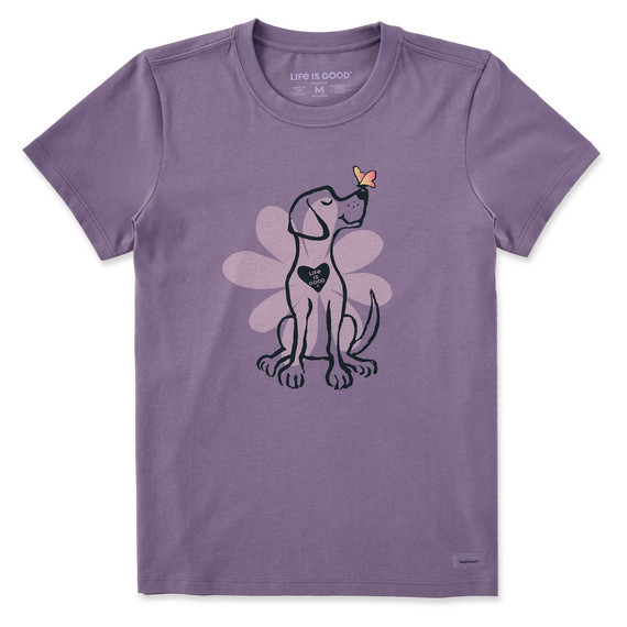 Life is Good Women's Spring Daisy Dog Crusher Short Sleeve T-Shirt in Dusk Purple Size XL | 100% Cotton | Life is Good