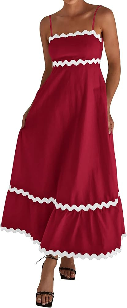 dowerme Women Summer Dresses 2026 Spaghetti Straps Sleeveless Smocked Rickrack Trim Boho Flowy Lo... | Amazon (US)