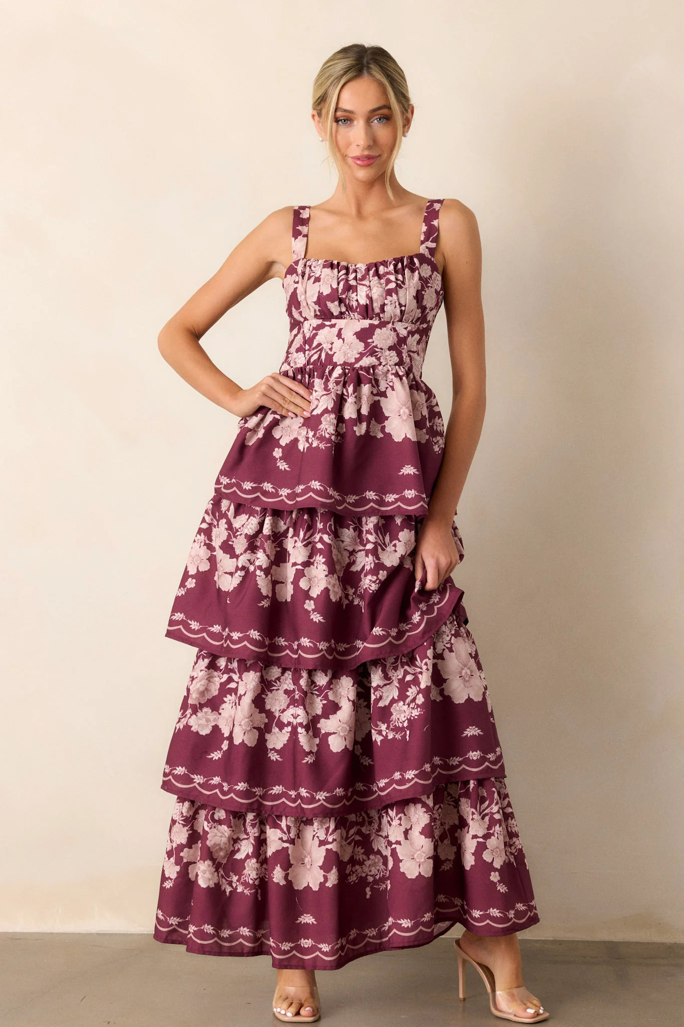 Sweet Reminiscence Wine Floral Tiered Maxi Dress | Red Dress