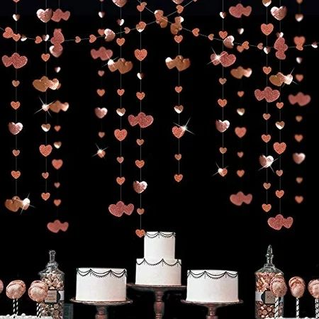 52 Ft Rose Gold Heart Hanging Garland Glitter Metallic Paper Streamer Banner for Anniversary Mother' | Walmart (US)