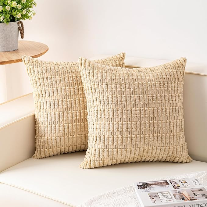 Aegero Pack of 2 Corduroy Decorative Throw Pillow Covers 18x18 Inch, Beige | Fall Soft Striped Pi... | Amazon (US)