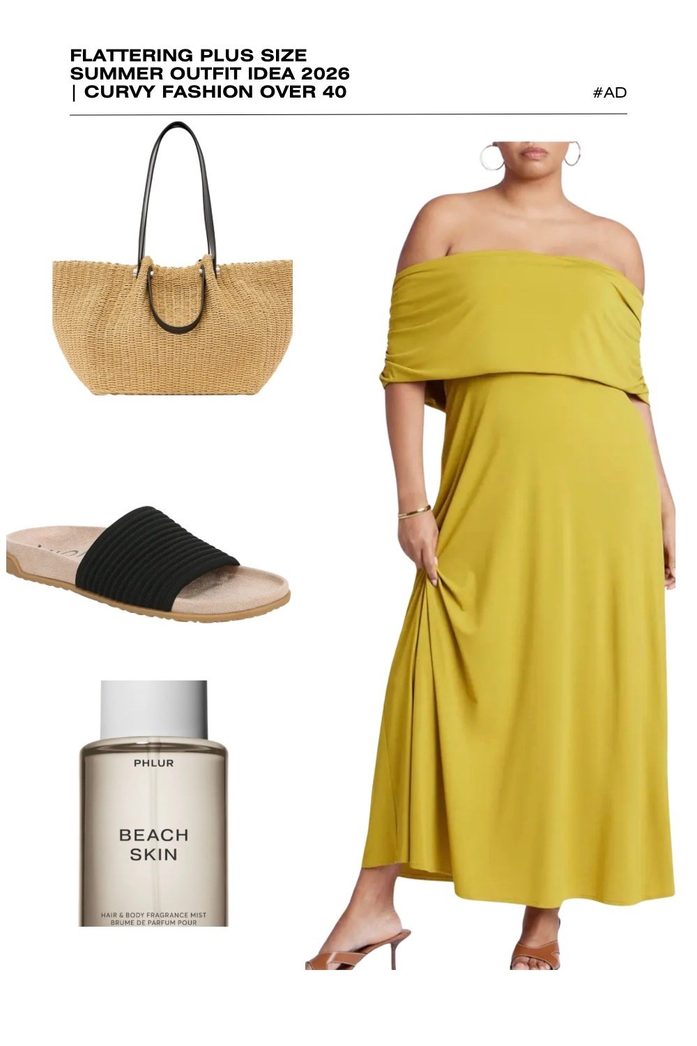 Make a vibrant statement with this chartreuse plus size summer outfit idea for 2026! This flattering off-the-shoulder maxi dress is a premier choice for curvy fashion over 40, featuring a draped overlay and a flowy silhouette that offers both comfort and high-fashion appeal.
We’ve paired this bold olive-toned dress with a large straw shopper tote with black leather handles and comfortable black ribbed slide sandals for an effortless vacation vibe. The look is finished with the sun-drenched, viral scent of Phlur Beach Skin. Whether you're heading to a summer brunch or looking for plus size resort wear, this chic monochromatic look is a 2026 must-have. #PlusSizeFashion #ChartreuseDress #SummerOutfits2026 #CurvyStyle #PhlurBeachSkin #OffTheShoulderDress #ResortWear