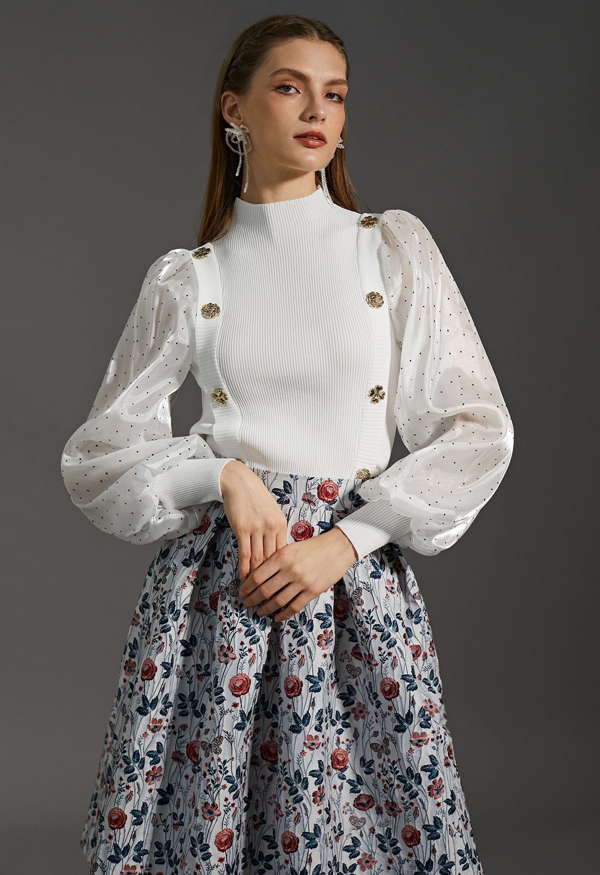 Spliced Dotted Sleeves Buttoned Knit Top in White | Chicwish