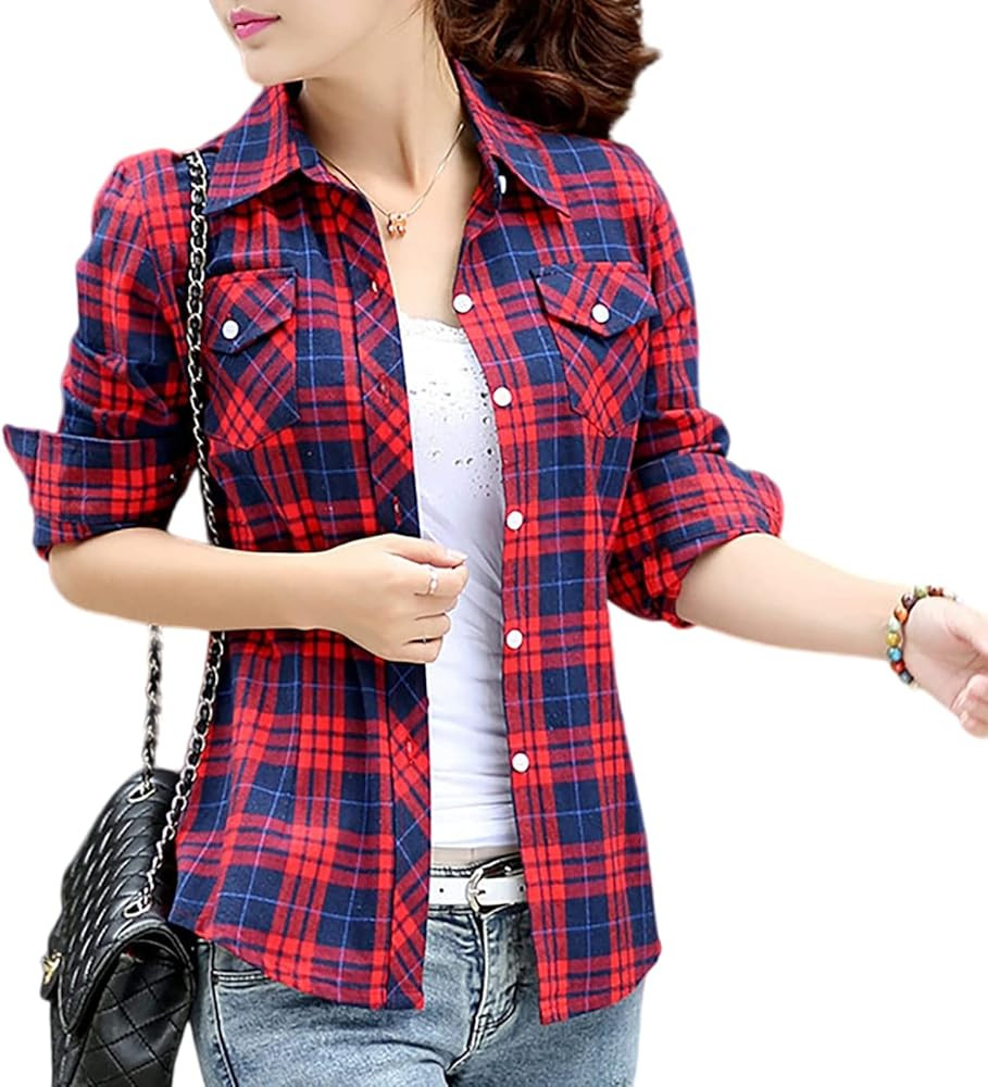 Women's Plaid Button Down Shirts Cotton Casual Long Sleeve Flannel Shirt Tops with Pocket | Amazon (US)
