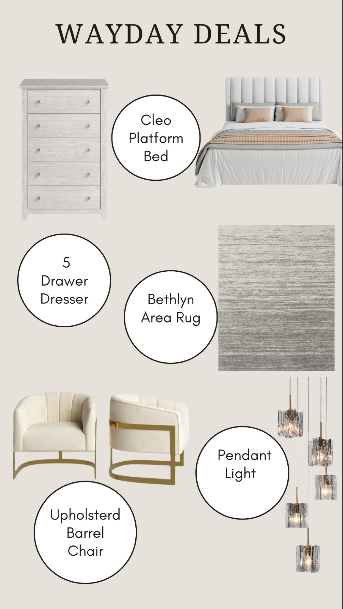 Way Deals, wayfair sale, neutral platform bed, upholstered platform, upholstered barrel chair, neutral Accent chair, white five drawer dresser, pendant light, neutral area rug

#LTKSaleAlert