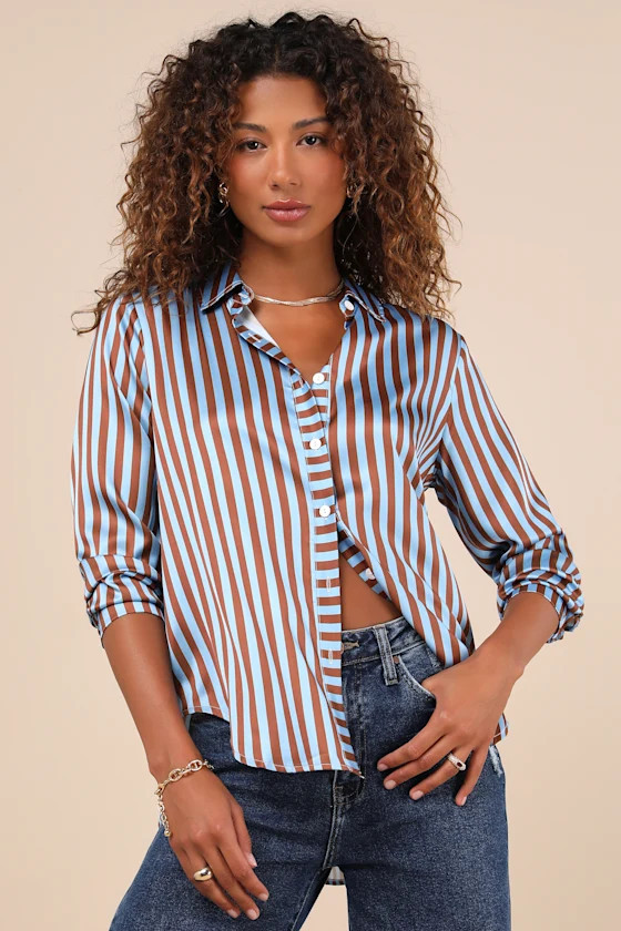 Playfully Composed Brown and Blue Striped Satin Button-Up Top | Lulus