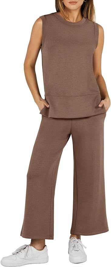 ANRABESS Women's 2 Piece Outfits Summer Outfits Sleeveless Wide Leg Jumpsuits Casual Lounge Sets | Amazon (US)