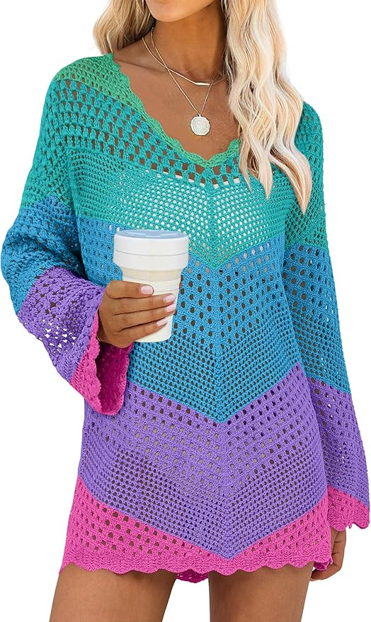 ANRABESS Swimsuit Cover Up for Women Crochet Bathing Suit Summer Swimwear V Neck Mesh Knit Dress ... | Amazon (US)